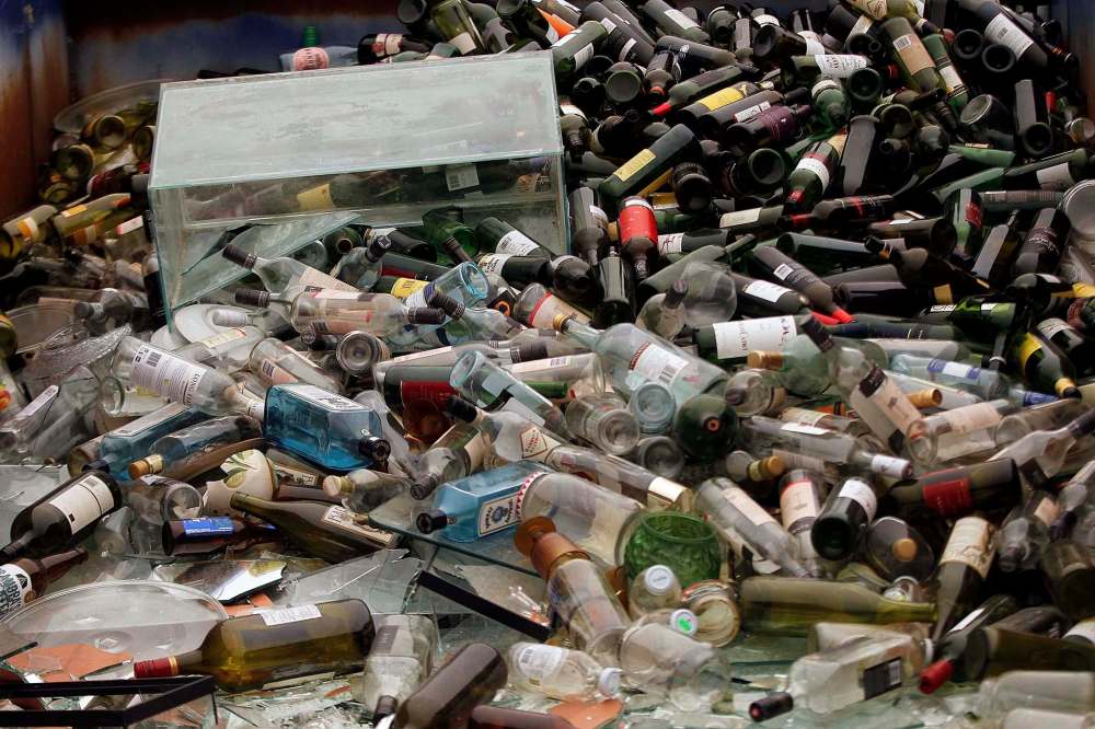 Assorted glass items fill a bin at the Panet Road 4R Recycling Depot.