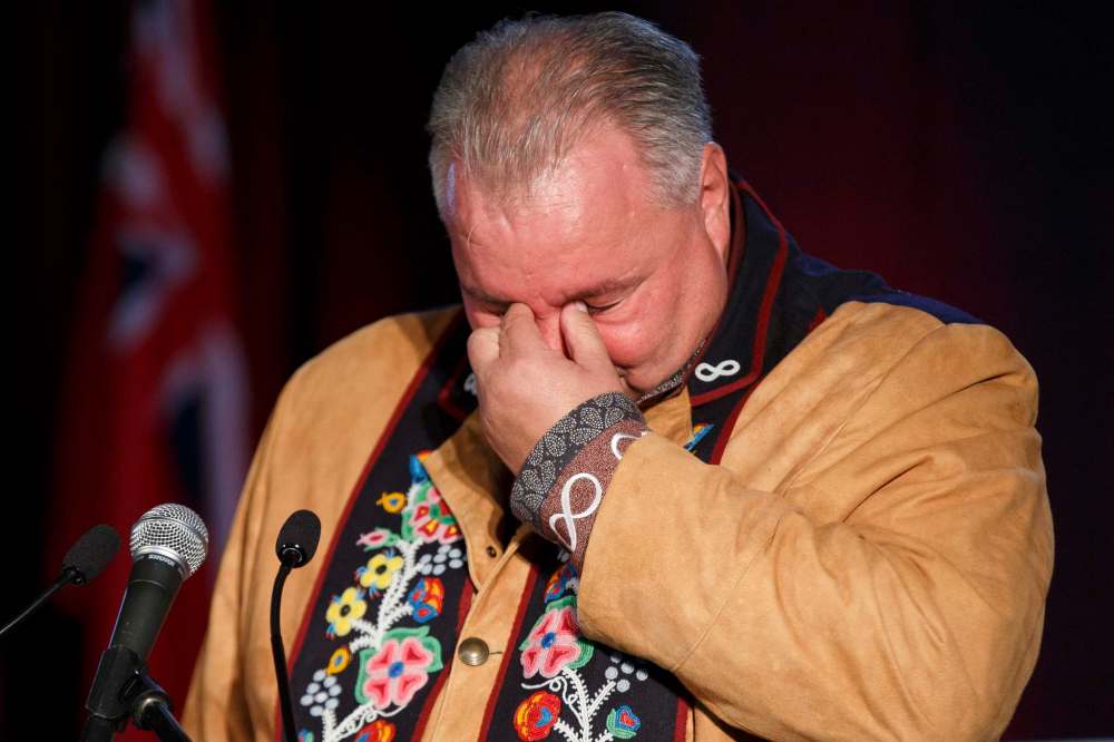 David Chartrand got emotional talking about what the agreement would meet for Métis people in Manitoba. (Mike Deal / Winnipeg Free Press)