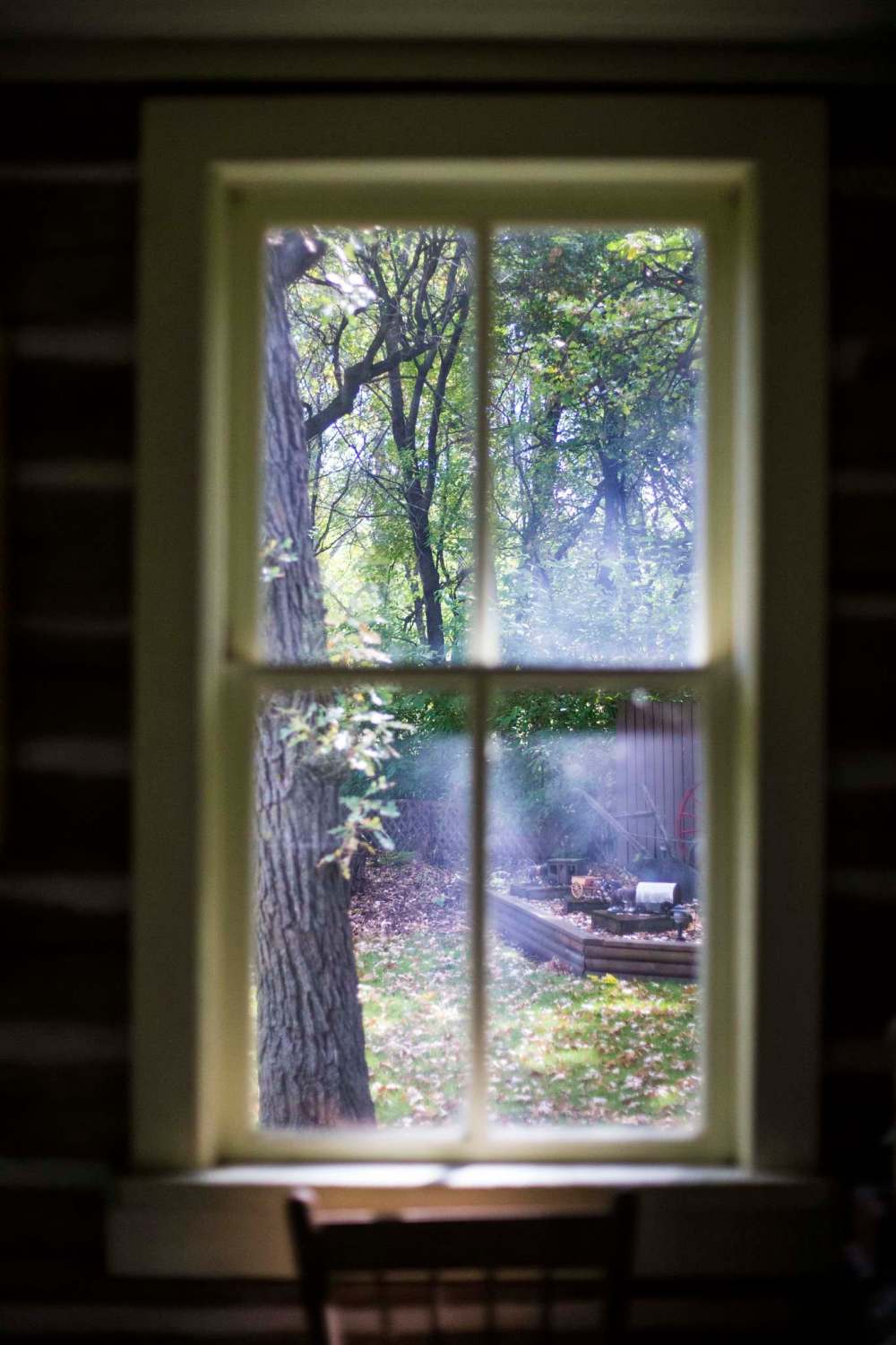 The scene through a window of the old cabin.