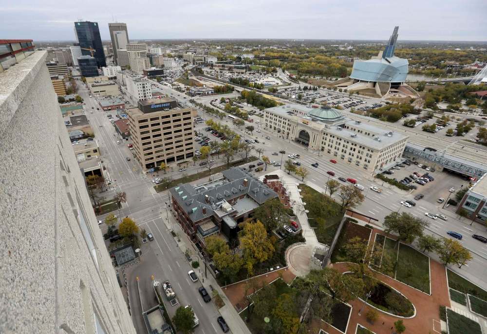 TREVOR HAGAN / WINNIPEG FREE PRESS
Portage and Main, The Canadian Human Rights Museum, VIA Station and Upper Fort Garry, as seen from Prairie 360.