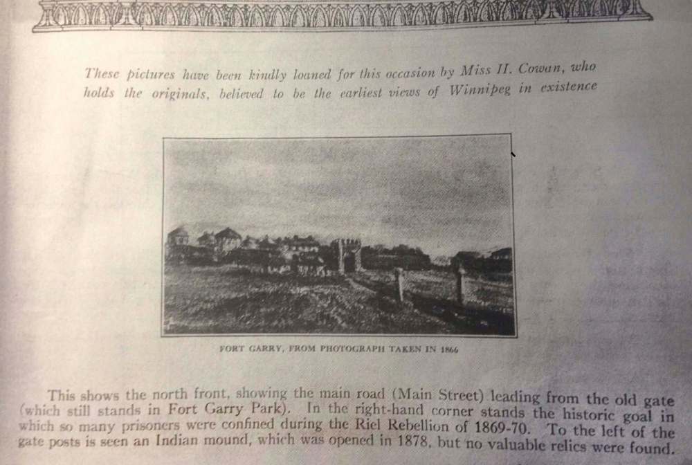 Research produced a blurry 1866 photo of the mound, just in front of the north gate of the Upper Fort Garry settlement, in the book Souvenir of Winnipeg’s Jubilee, 1874-1924.