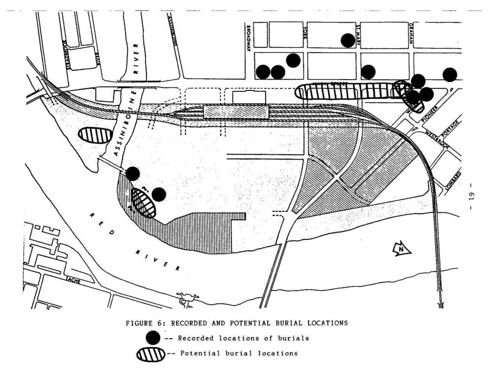 Map of recorded burial sites in downtown Winnipeg in an archaeological assessment report done by The Forks in 1988.
