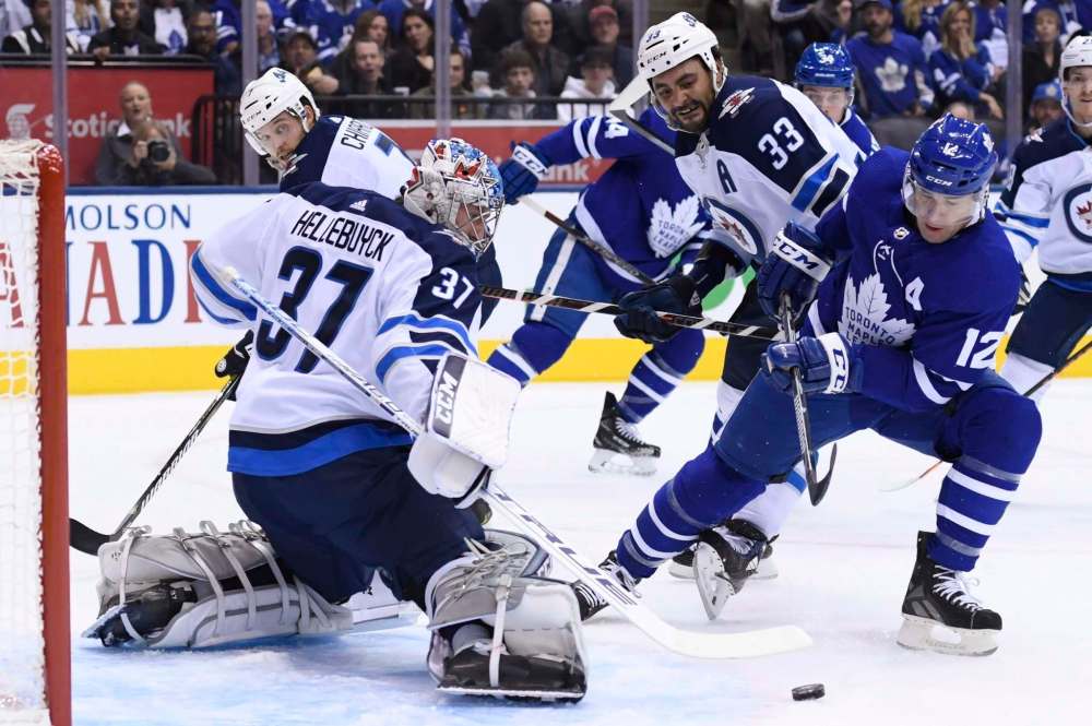 On Saturday, Winnipeg built up a 2-0 lead with Hellebuyck stopping the first 22 shots he faced, but the Leafs stormed back with three goals in the final period. (Nathan Denette / The Canadian Press files)