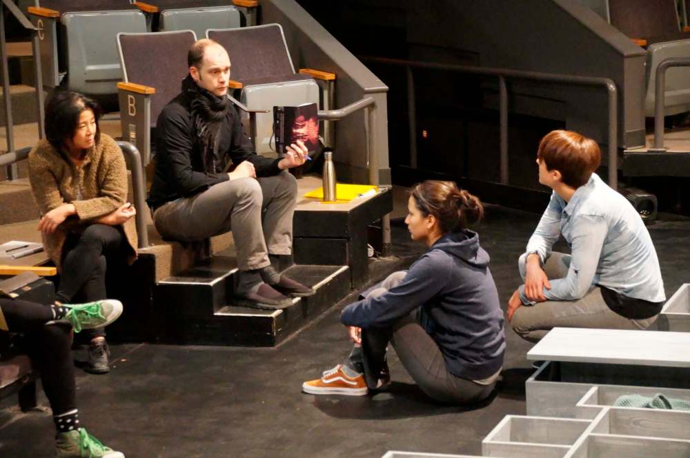 Thomas Morgan Jones directs the seven-member cast of Happy Place, which became possible after PTE received a funding boost from the Canada Council for the Arts. (Haanita Seval photo)