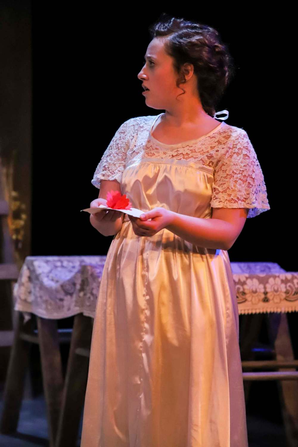 Leif Norman
Actors Sarah Flynn (above) and Justin Fry perform in the two-character stage play Mary’s Wedding.