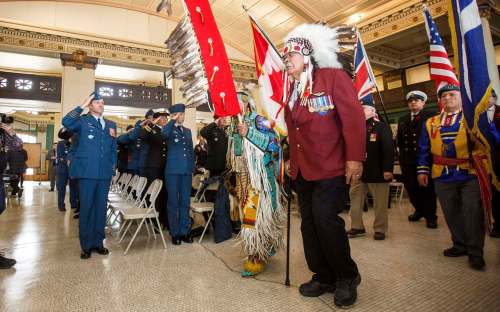 MIKE DEAL / WINNIPEG FREE PRESSJoe Meconse, 77, a Dene veteran from the Churchill area, leads the group of Aboriginal veterans at Thursday's ceremony.