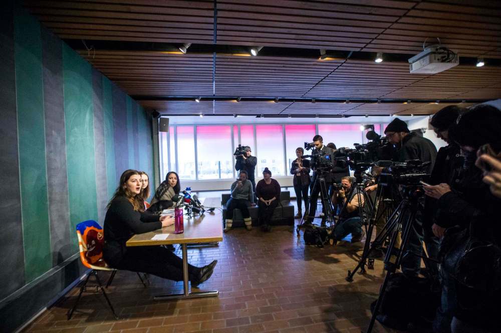 Christina Hajjar (from left), Kelsey Wade and Amanda Murdock held a press conference asking for an acknowledgment from the company about the abuse reported by workers and a formal apology from owners. (Mikaela MacKenzie / Winnipeg Free Press files)