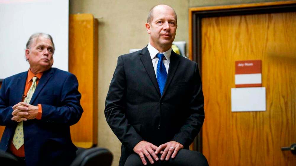 San Luis Obispo Tribune
Nathan Rieger, 53, right, stands next to defense investigator Robert O’Day in San Luis Obispo Superior Court. Rieger is on trial over accusations that he arranged to meet with a minor for a sexual act in Arroyo Grande. Rieger was formerly a pastor at Winnipeg Centre Vineyard Church.