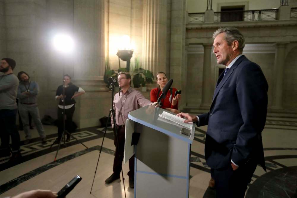 Premier Brian Pallister addresses media at the Manitoba Legislative Building at a hastily called press conference on Monday.  (Trevor Hagan / Winnipeg Free Press)
