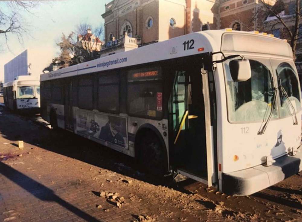 SUPPLIED 
The blood-stained scene of the stabbing that claimed the life of Winnipeg Transit driver Irvine Jubal Fraser that jurors were shown at the second-degree murder trial of Brian Kyle Thomas.