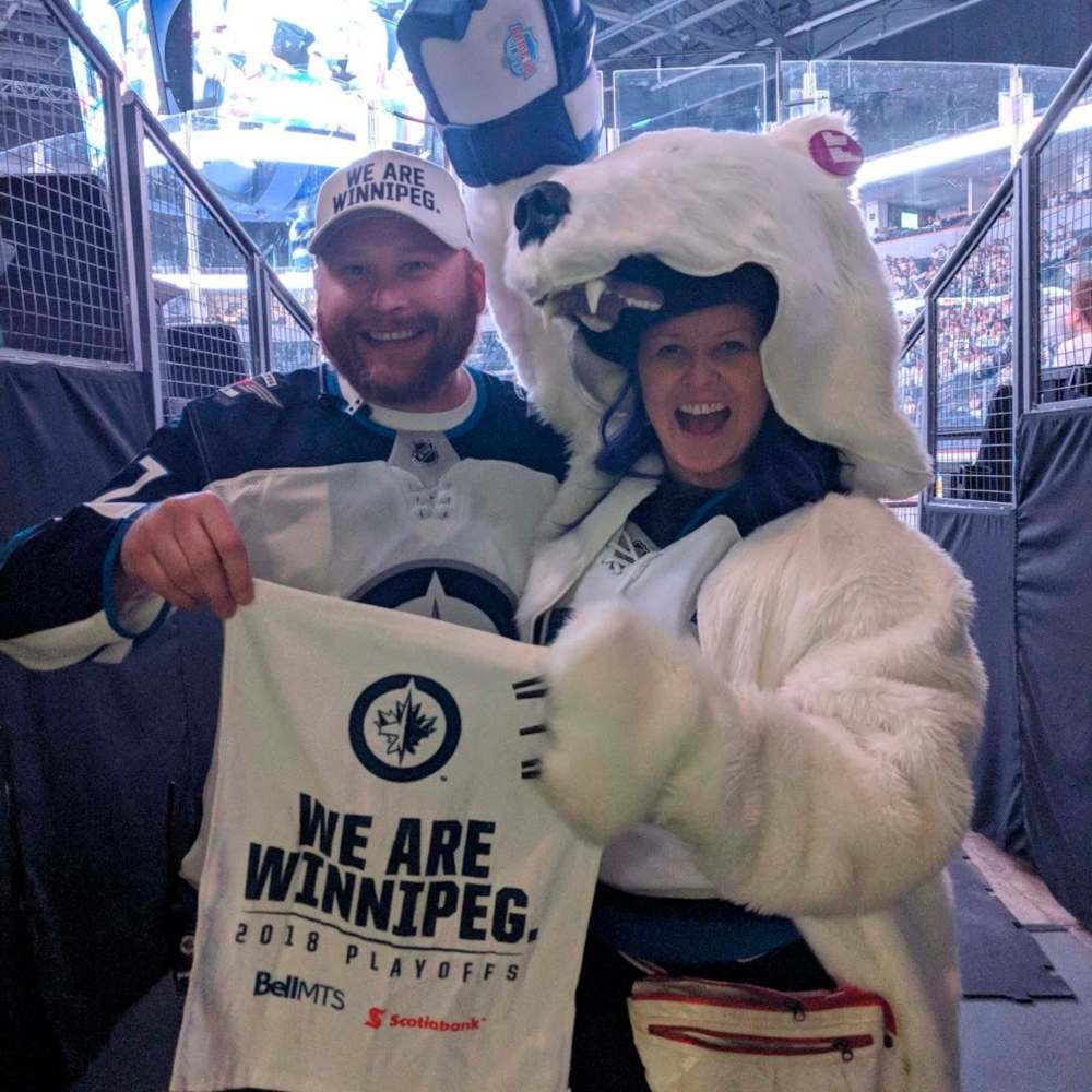 SUPPLIED
Richardson hosted a viewing party during the playoffs last season. The fan dressed as a polar bear — as one does during a Winnipeg Whiteout — helped him with the 50/50 draw at the Game 7 party.
