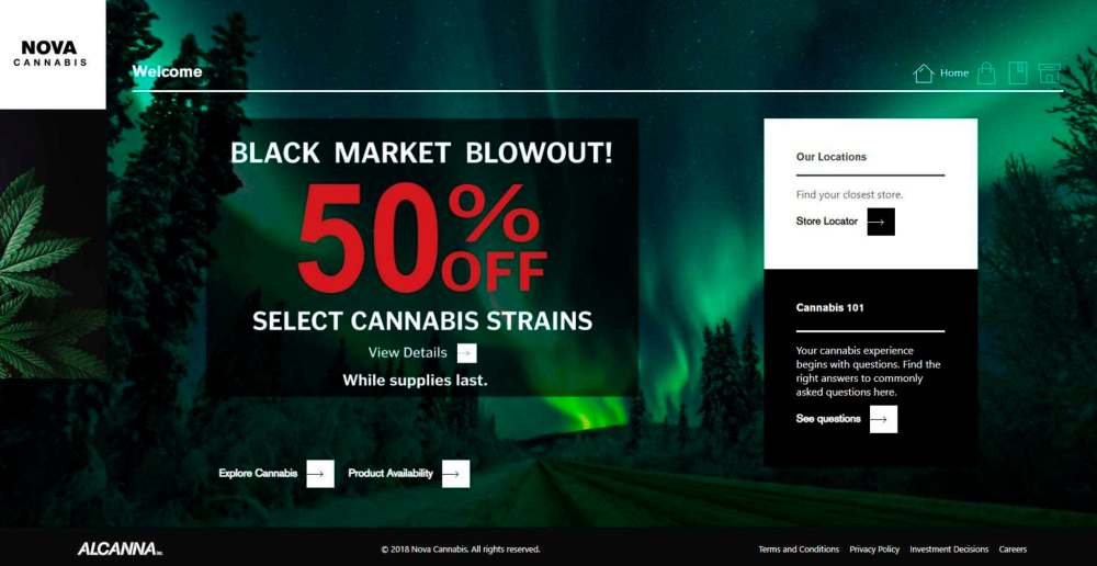 Alberta's Nova Cannabis chain is offering 50 per cent discounts on certain products, despite an overall shortage of legal cannabis at stores across Canada. (novacannabisstore.com)