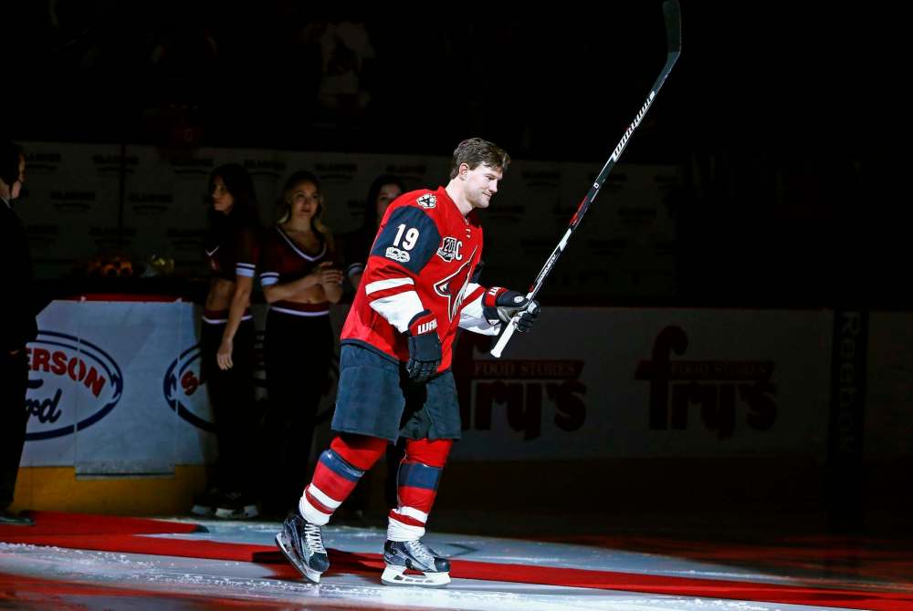 Ross D. Franklin/ The Associated Press files
Doan acknowledges the crowd during a ceremony honouring his 400th NHL goal and his 1,500th NHL game.