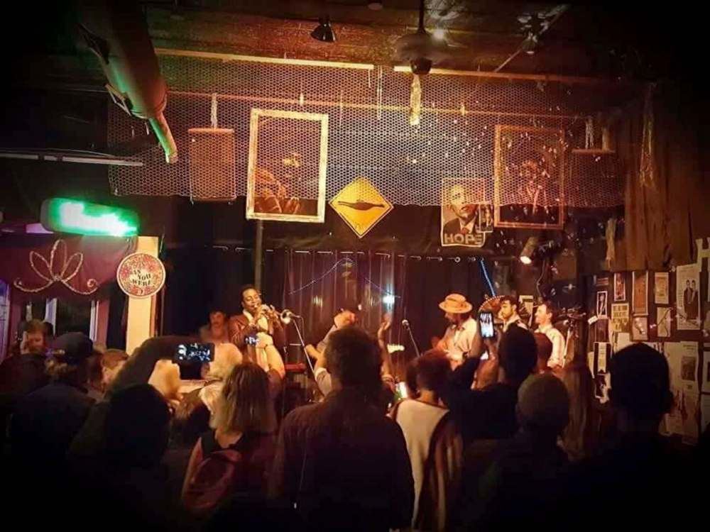 There have been many notable guests who have dropped in at the juke joint, including Ephraim Owens (left), trumpet player for the Tedeschi Trucks Band, who dropped in to jam with the J.D. Edwards Band in 2016. (Supplied)