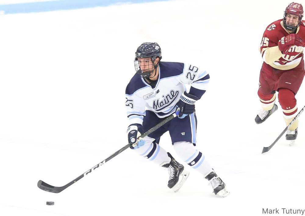 Brady Keeper, who played with the Opaskwayak Cree Nation Blizzard before going on to play for the University of Maine, has signed a two-year contract with the Florida Panthers. (Mark Tutuny / University of Maine)