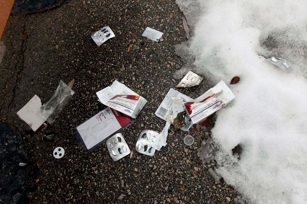 photos by PHIL HOSSACK / WINNIPEG FREE PRESS
Drug paraphernalia litters the ground at the public green space north of Leila Avenue.