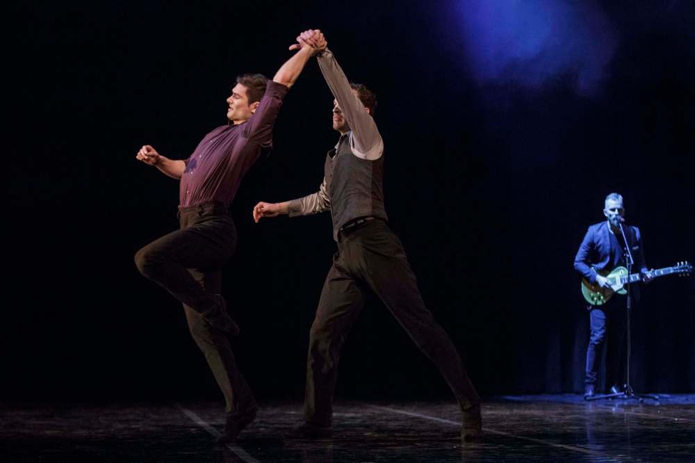 Ryan Vetter (left) and Liam Caines showed off some fascinating male pas de deux that took advantage of their physical prowess, including some tricky lifts. (Mike Deal / Winnipeg Free Press)