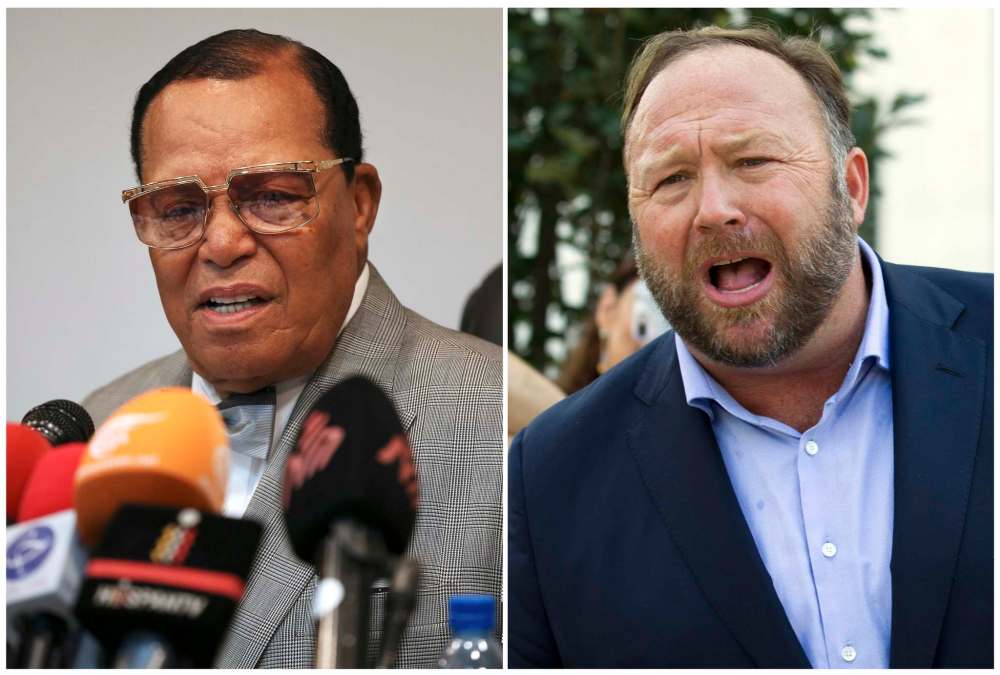 Louis Farrakhan (left), the leader of the Nation of Islam, and conspiracy theorist Alex Jones were banned by Facebook this week for violating its ban against hate and violence. (The Associated Press files)