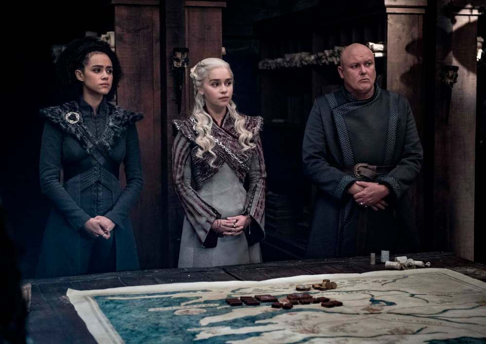 Missandei (Nathalie Emmanuel), Daenerys and Lord Varys (Conleth Hill). (Helen Sloan / HBO)