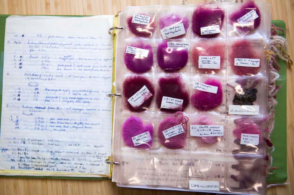 MIKAELA MACKENZIE / WINNIPEG FREE PRESS
A binder with lichen-dyed wool samples that Margaret Ferguson researched was part of a museum exhibit called the Women of the Manitoba Crafts Guild that runs until December.
