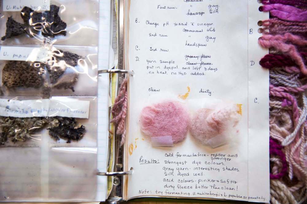 MIKAELA MACKENZIE / WINNIPEG FREE PRESS
A binder with lichen-dyed wool samples that Margaret Ferguson researched is part of a museum exhibit called Women of the Manitoba Crafts Guild, which runs until December.
