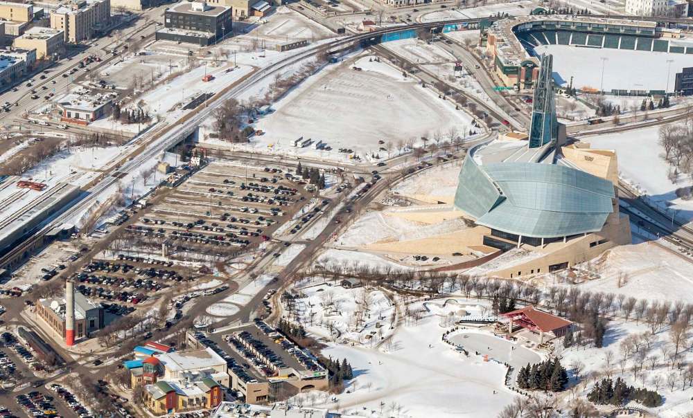 Parcel 4 is the empty lot to the upper left of the Canadian Museum for Human Rights in this 2018 aerial photo. (Dan Harper / CMHR)