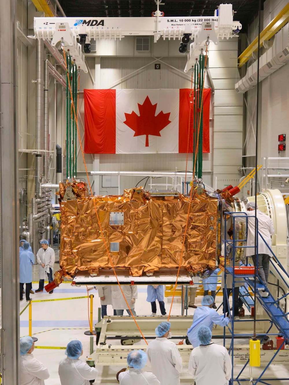 The first RCM satellite arrives at the CSA's David Florida Laboratory to undergo testing. (Canadian Space Agency)