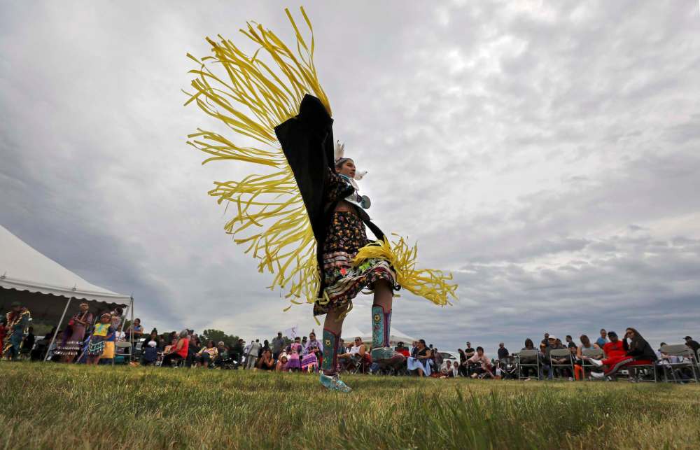 RUTH BONNEVILLE / WINNIPEG FREE PRESS
Elisha Berens from Poplar River dances at the celebration ceremony for National Indigenous Peoples Day at Kapyong Barracks Friday.