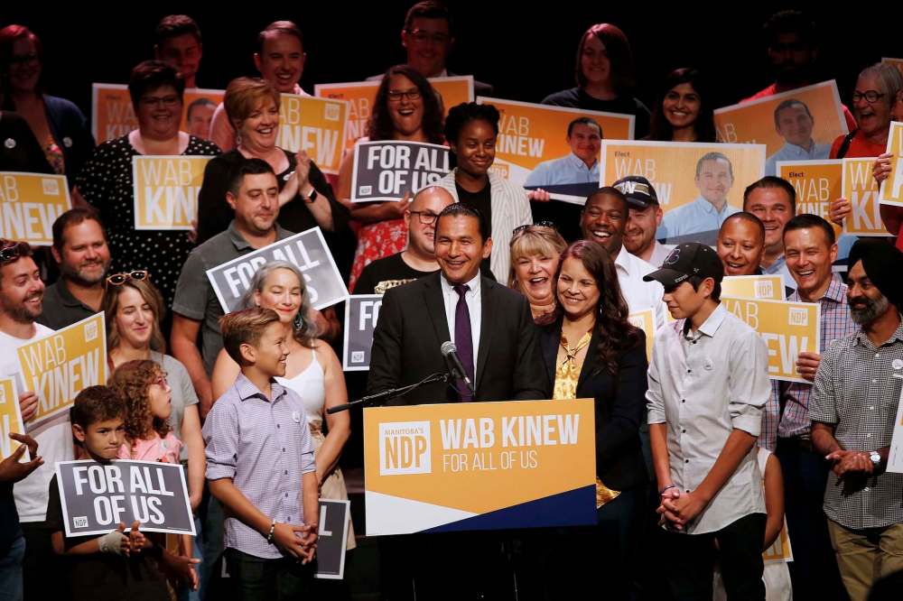Wab Kinew, leader of Manitoba NDP, speaks during a nomination rally at the Park Theatre in Winnipeg Sunday. (John Woods/Winnipeg Free Press)