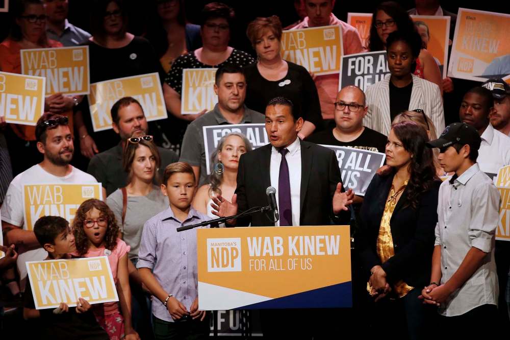 JOHN WOODS / WINNIPEG FREE PRESS
Manitoba NDP Leader Wab Kinew speaks during a nomination rally at the Park Theatre on Sunday.