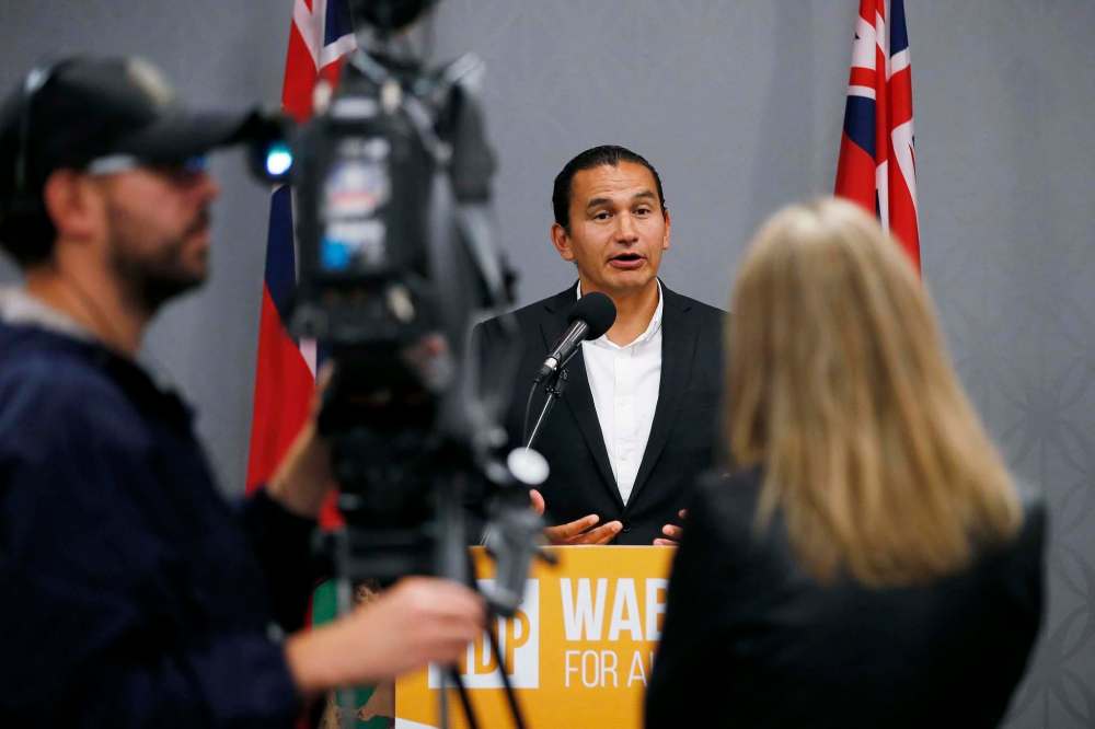 Wab Kinew, Manitoba NDP leader, speaks at a news conference in Sunday. He chastised PC Leader Brian Pallister for taking too much holiday time since being elected premier in 2016. (John Woods / Winnipeg Free Press)