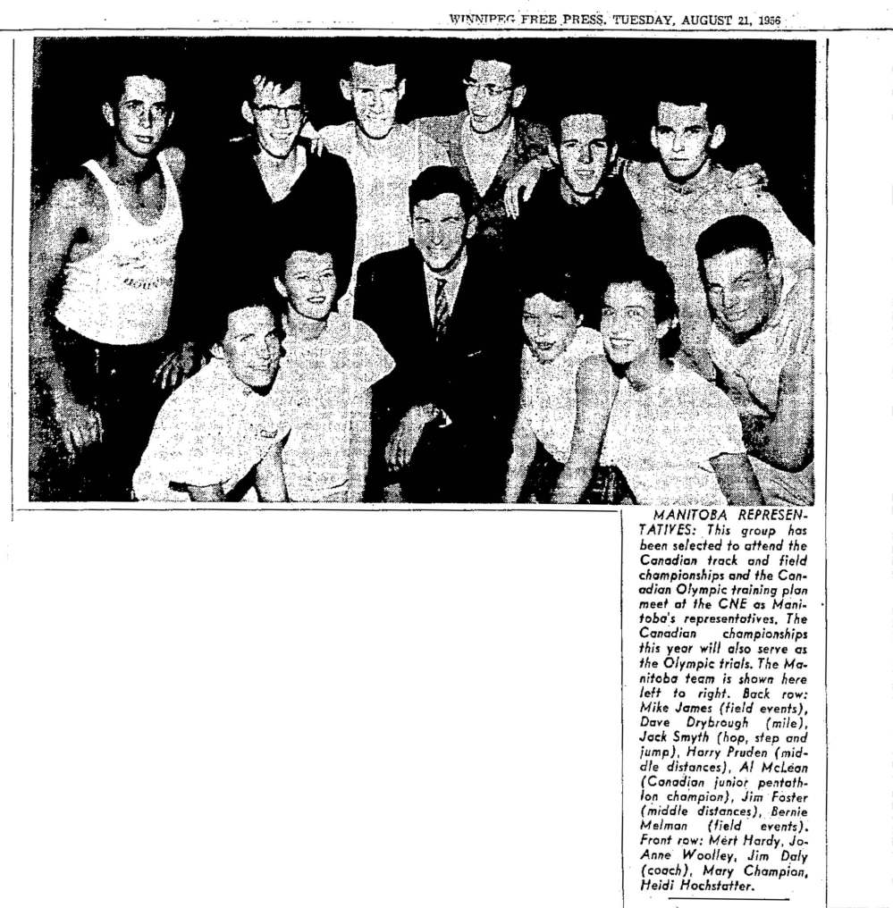 WINNIPEG FREE PRESS FILES
Coach Jim Daly, centre in tie, with Manitoba track athletes attending the Canadian track and field championships and the Canadian Olympic training plan meet. 1956