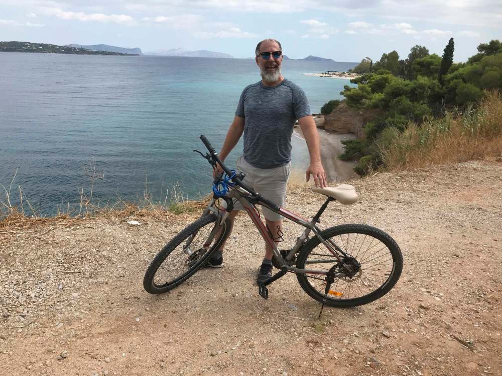 Lyons biked around the Greek island of Spetses in September.