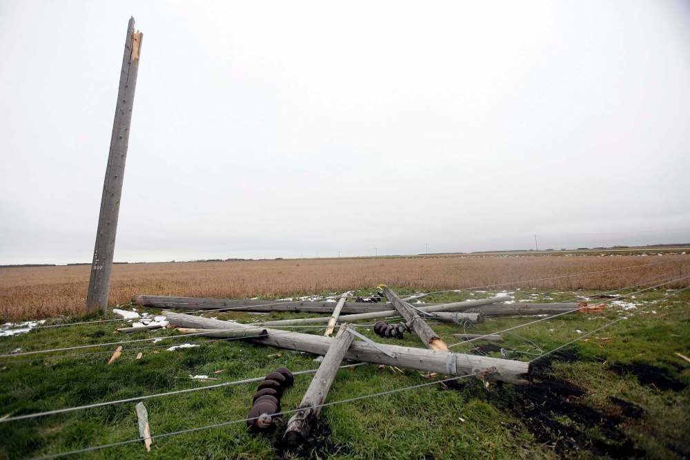There are an unknown number of snapped, shattered, and fallen poles, lying in snow-covered fields and ditches.