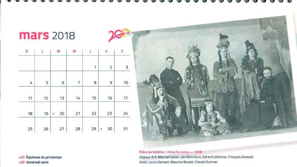 To mark its 200th anniversary, St. Boniface University produced a calendar featuring a photograph from 1938 of a priest and student actors, who were dressed as 'Indians' from a play called L'âme huronne (The Huron Soul).