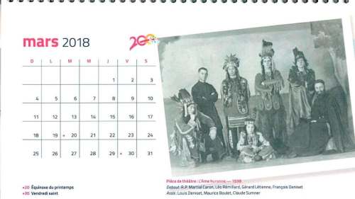 To mark its 200th anniversary, St. Boniface University produced a calendar featuring a photograph from 1938 of a priest and student actors, who were dressed as 'Indians' from a play called L'âme huronne (The Huron Soul).