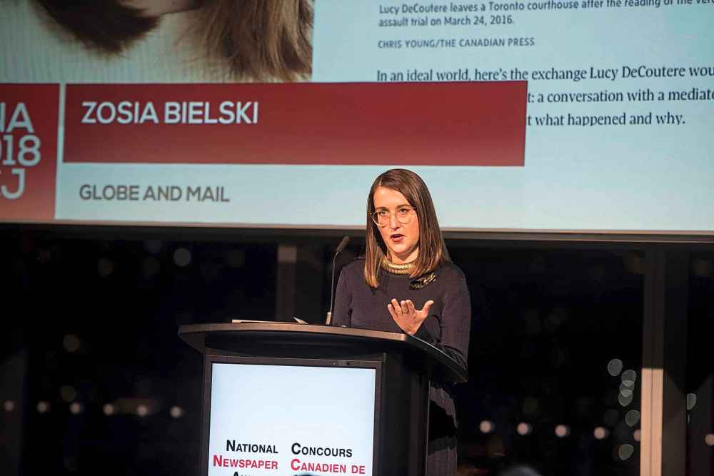 Tijana Martin / The Canadian Press
Zosia Bielski, of The Globe and Mail, accepts the E. Cora Hind Award for Beat Reporting during the National Newspaper Awards in Toronto on Friday.