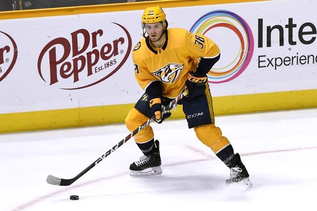 FILE - In this Jan. 19., 2019, file photo, Nashville Predators right wing Ryan Hartman plays against the Florida Panthers during the third period of an NHL hockey game in Nashville, Tenn. Hartman won't soon forget what happened to him upon being traded by Chicago to Nashville at last year's deadline. With a stop-over in Toronto, it took him eight hours to fly from Chicago to Winnipeg, where he would join the Predators. And that was after beginning the day contending with a flat tire. (AP Photo/Mark Zaleski, File)
