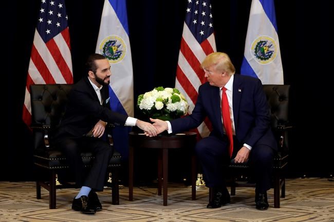 President Donald Trump meets with President Nayib Bukele of El Salvador at the InterContinental Barclay New York hotel during the United Nations General Assembly, Wednesday, Sept. 25, 2019, in New York. (AP Photo/Evan Vucci)