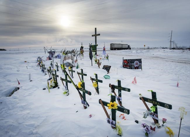 The memorial for the Humboldt Broncos hockey team at the site where sixteen people died and thirteen injured when a truck crashed into the team bus Wednesday, January 30, 2019 in Tisdale, Saskatchewan. THE CANADIAN PRESS/Ryan Remiorz