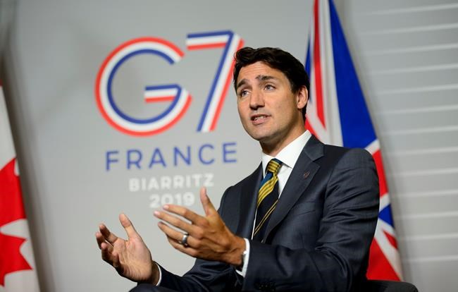 Prime Minister Justin Trudeau takes part in a bilateral meeting during the G7 Summit in Biarritz, France, Saturday, Aug. 24, 2019. THE CANADIAN PRESS/Sean Kilpatrick