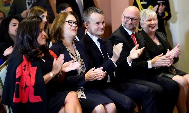 Veterans Affairs Minister Jody Wilson-Raybould (left to right), Treasury Board President Jane Philpott, Indigenous Services Minister Seamus O'Regan, Justic Minister David Lametti and Minister of Rural Economic Development Bernadette Jordan attend a cabinet shuffle at Rideau Hall in Ottawa on Monday, Jan. 14, 2019. THE CANADIAN PRESS/Sean Kilpatrick