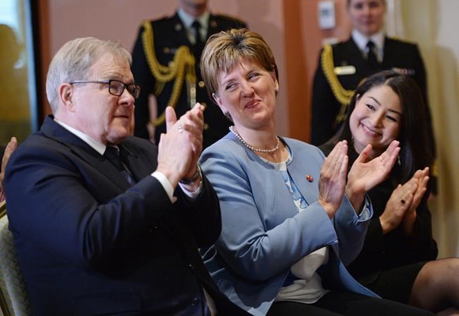 Newly appointed Veterans Affairs Minister Lawrence MacAulay, left to right, Minister of Agriculture and Argi-Food Marie-Claude Bibeau and Minister for Women and Gender Equality and newly appointed Minister of International Development Maryam Monsef attend a swearing in ceremony at Rideau Hall in Ottawa on Friday, March 1, 2019. THE CANADIAN PRESS/Sean Kilpatrick