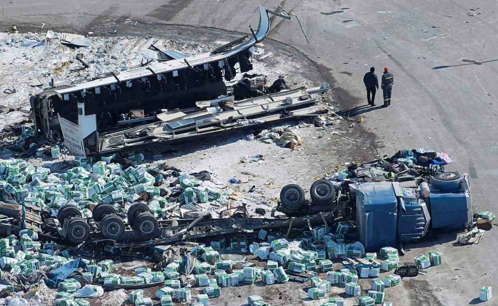 Training for truck drivers became a national issue last year after a truck blew through a stop sign and hit a bus carrying the Humboldt Broncos junior hockey team, killing 16 people and injuring 13. (Jonathan Hayward / The Canadian Press files)