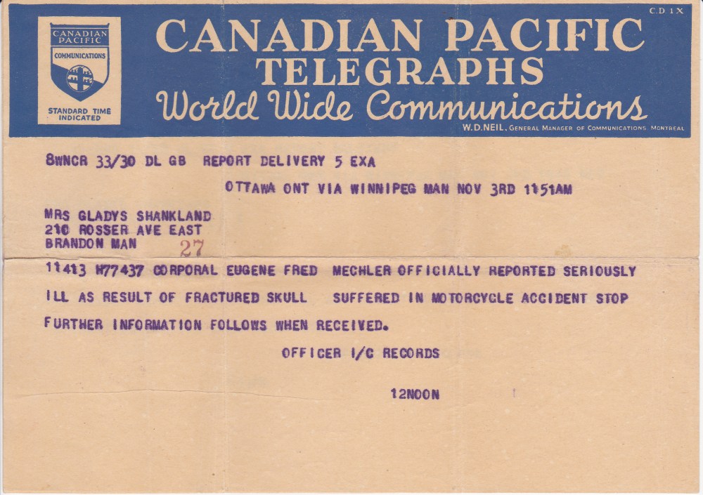 A telegram announcing Gene Mechler's war injury was sent to his mother on Nov. 3, 1941.