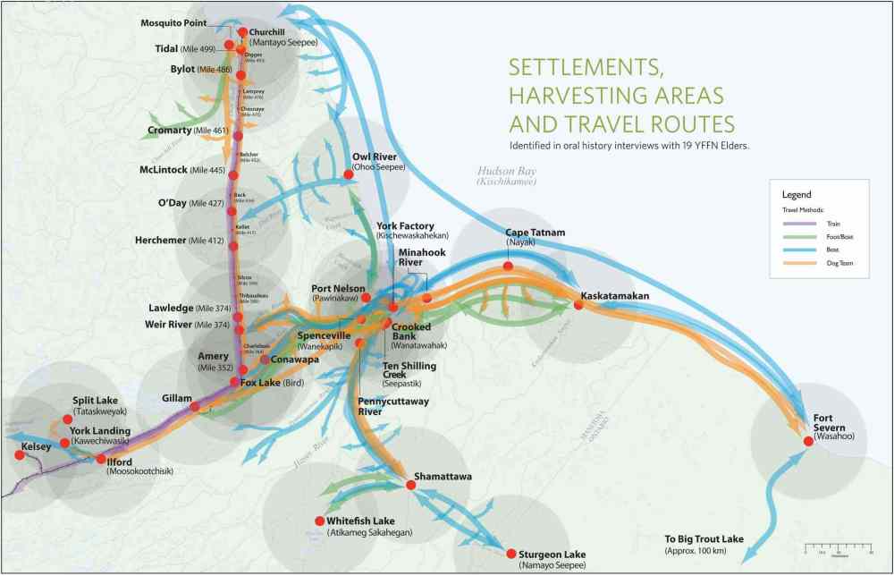 Settlements, harvesting areas and travel routes mapped from the life stories of 19 York Factory First Nation Elders. (Supplied)
