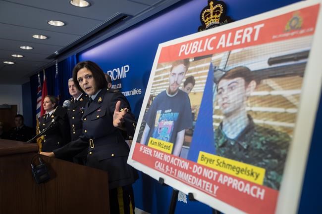 Security camera images recorded in Saskatchewan of Kam McLeod, 19, and Bryer Schmegelsky, 18, are displayed as RCMP Sgt. Janelle Shoihet speaks during a news conference in Surrey, B.C., on Tuesday July 23, 2019. RCMP say two British Columbia teenagers who were first thought to be missing are now considered suspects in the deaths of three people in northern B.C. The bodies of Australian Lucas Fowler, his girlfriend Chynna Deese, of Charlotte, N.C., and an unidentified man were found a few kilometres from the teens' burned-out vehicle. THE CANADIAN PRESS/Darryl Dyck