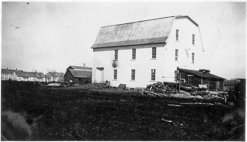 The flour mill at Huron Colony is seen in 1923. This mill supplied flour not only for the Hutterite community but for the neighbourhood. (Manitoba Historical Society)