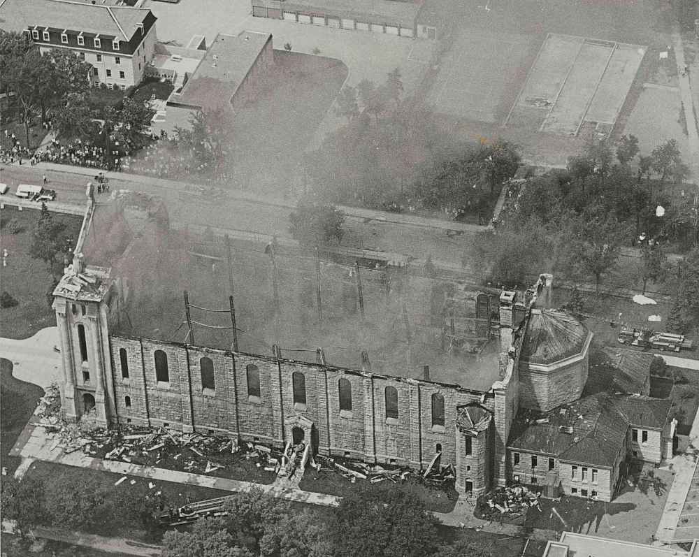 St. Boniface basilica seen from the air the day after the fire. (Winnipeg Free Press files)