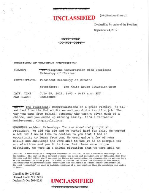 Page one of five from a White House-released rough transcript of President Donald Trump's July 25, 2019 telephone conversation with Ukraine's newly elected president, Volodymyr Zelenskiy, released Wednesday, Sept. 25, 2019 in Washington. (The White House via AP)